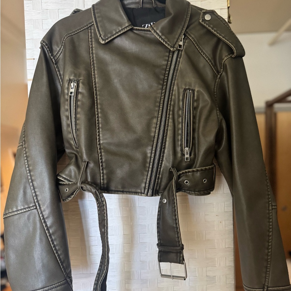 Zara brown Vegan Leather Biker Jacket